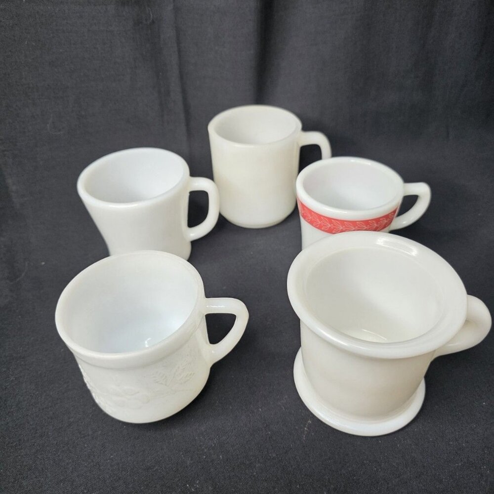 5 VTG Hazel Atlas Glasbake Pyrex Etc Milk Glass Assorted Coffee Shaving Mugs